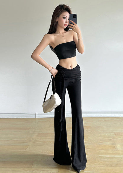 Fine Black Decoration High Waisted Flared Trousers Summer