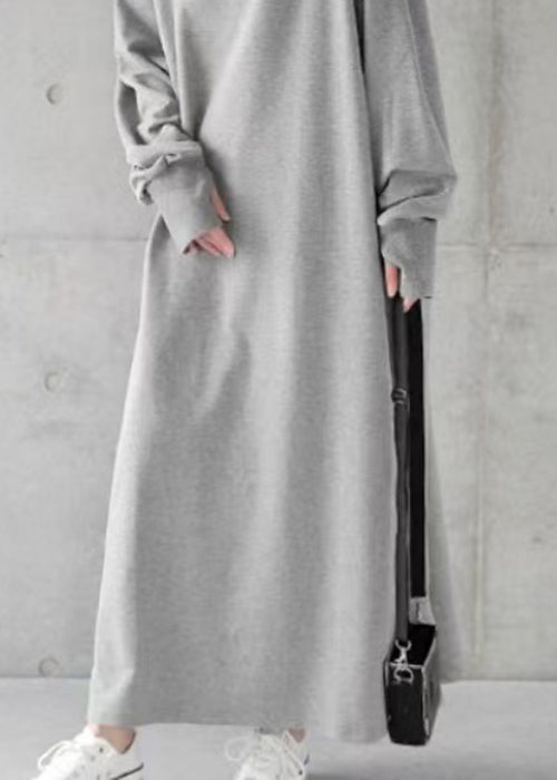 Loose Grey Hooded Cotton Sweatshirt Dress Spring