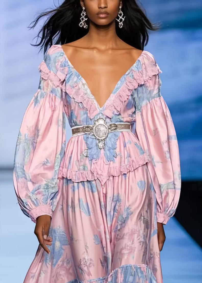 Pink Ruffled Print Silk Tunic Dresses Spring