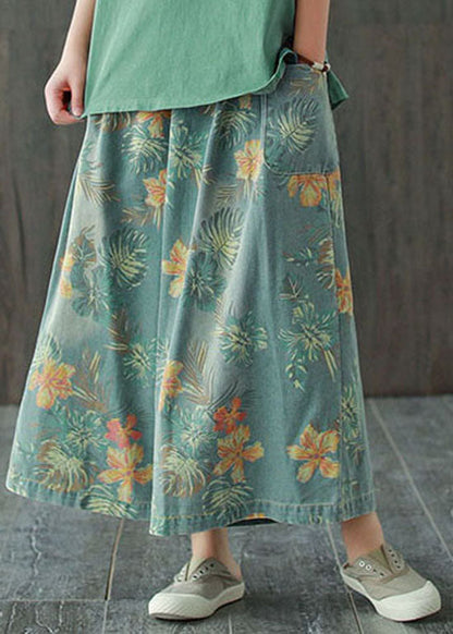 Light Blue Elastic Waist Pockets Print Cotton Wide Leg Pants Spring
