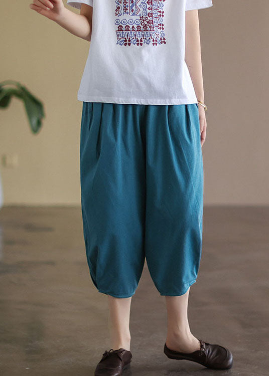 Italian Blue Wrinkled Pockets Linen Crop Pants Summer