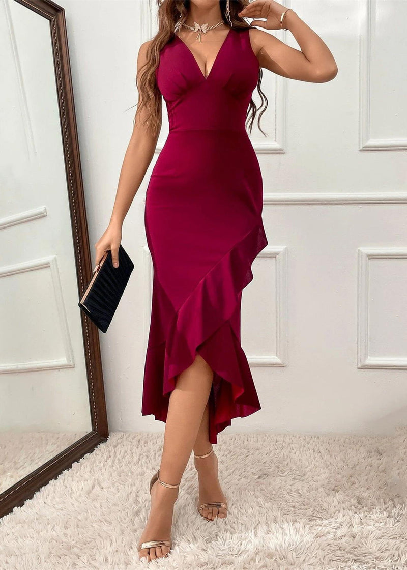 Mulberry Ruffled Patchwork Silk Dresses Sleeveless