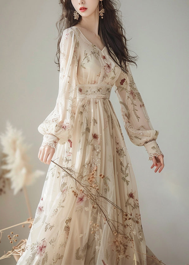 V Neck Print High Waist Chiffon Dress Long Sleeve