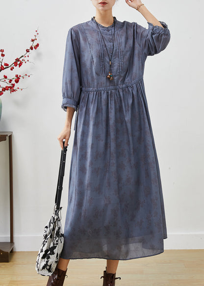 Blue Grey Cinched Print Linen Dress Bracelet Sleeve