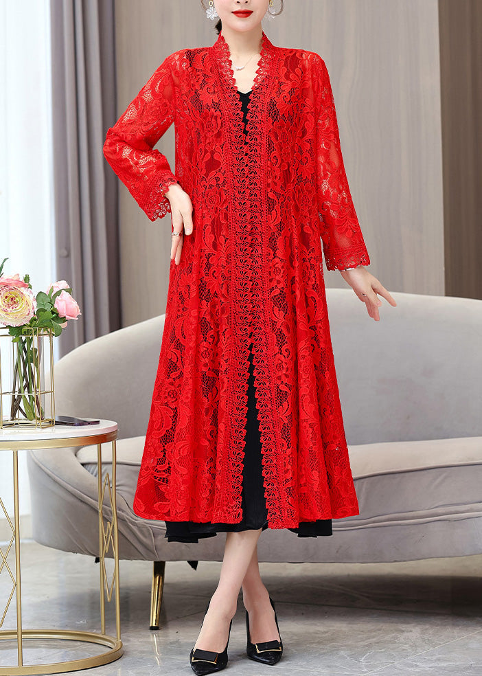 Red V Neck Long Lace Sunscreen Cardigan Summer