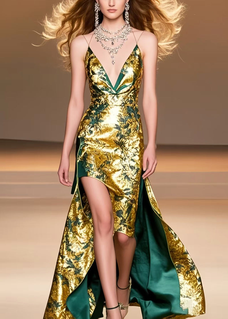 Golden Jacquard Low High Design Silk Vestidos Dress Summer