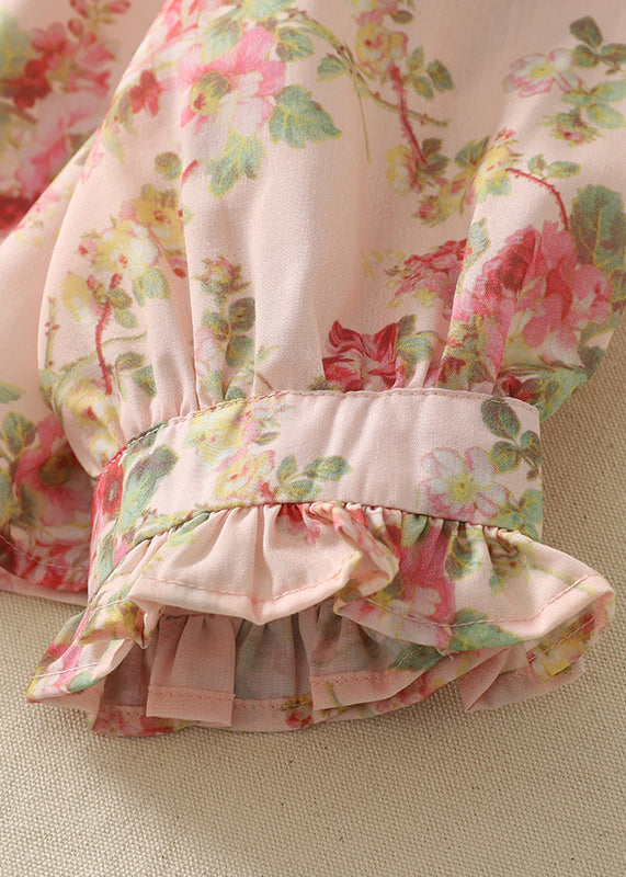 Stylish Pink Ruffled Print Button Cotton Blouse Top Spring
