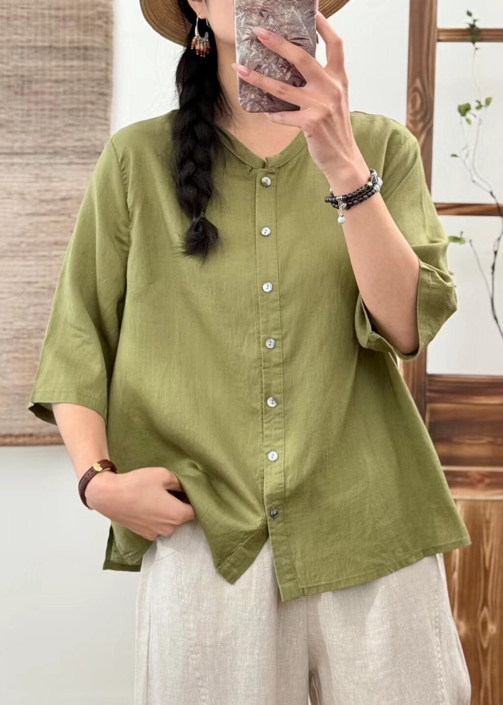 New Orange O Neck Button Linen Blouse Half Sleeve