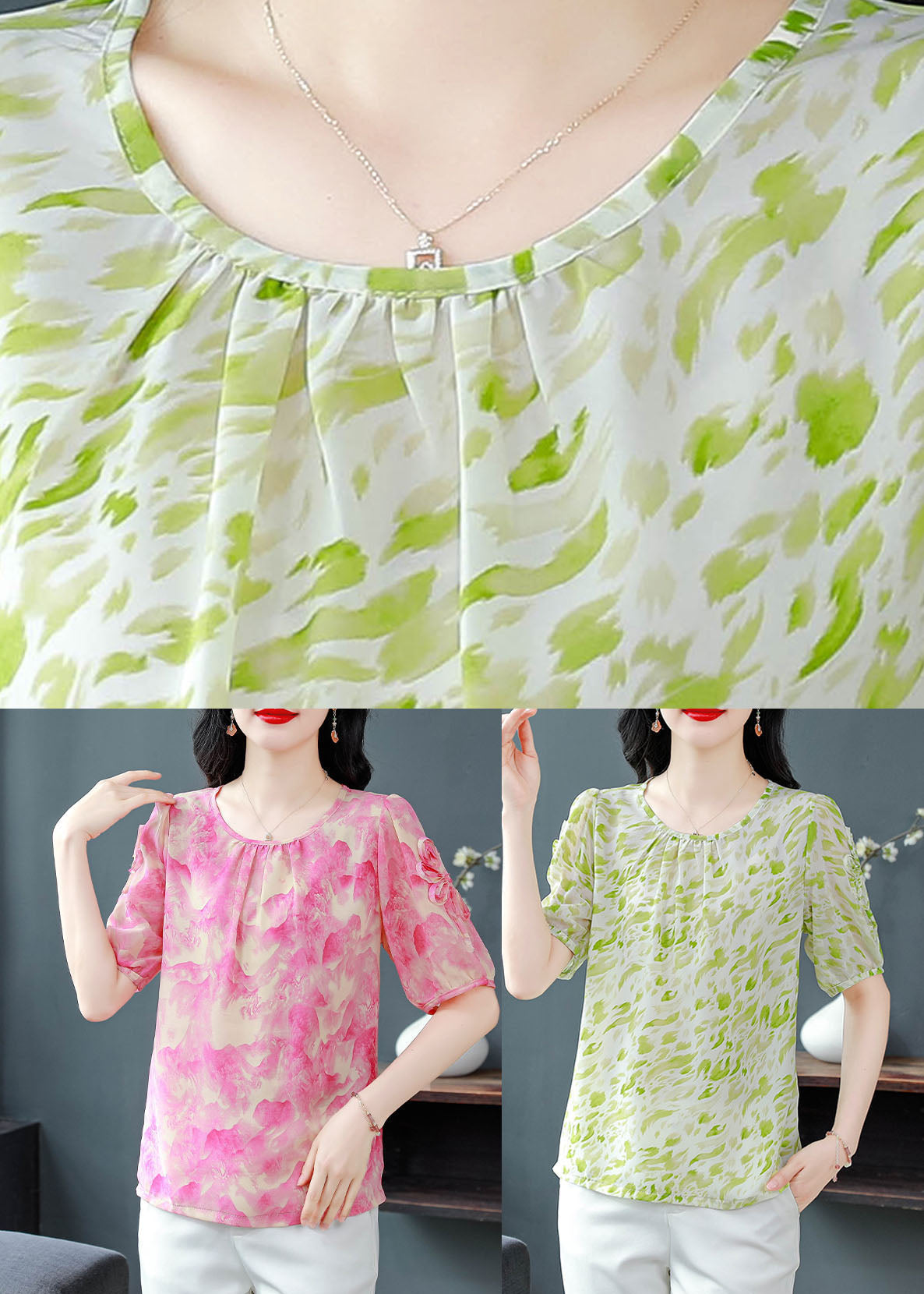 Rose O Neck Print Chiffon Blouses Summer
