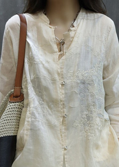 Handmade Black O-neck Embroidered Button Shirt Long Sleeve