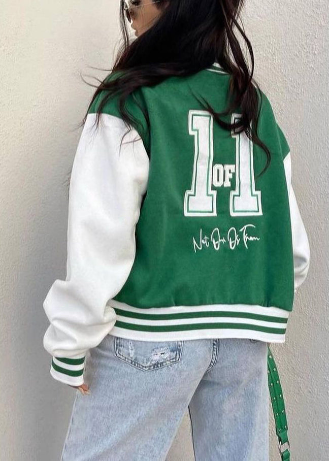 Green Printed Thick Baseball Uniform Coat Autumn