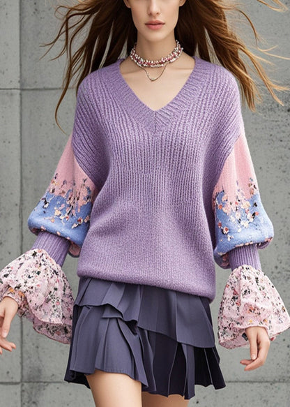 Lavender V Neck Patchwork Knit Shirts Flare Sleeve