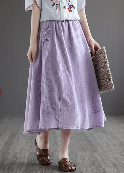 Purple Elastic Waist Embroidered Linen Skirt Spring