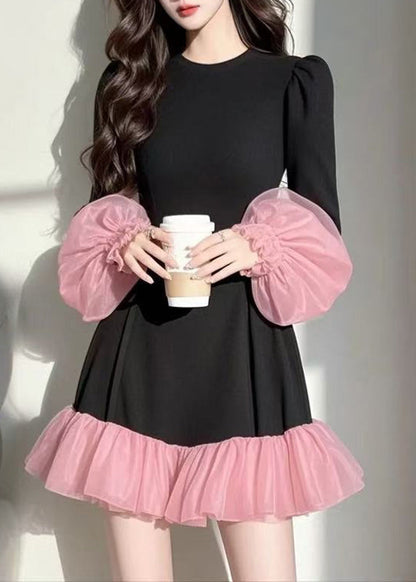 Black Tulle Patchwork Vacation Mid Dresses Puff Sleeve