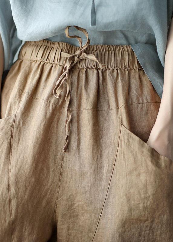 Art Grey Flower Tie Waist Pockets Summer Harem Pants Linen