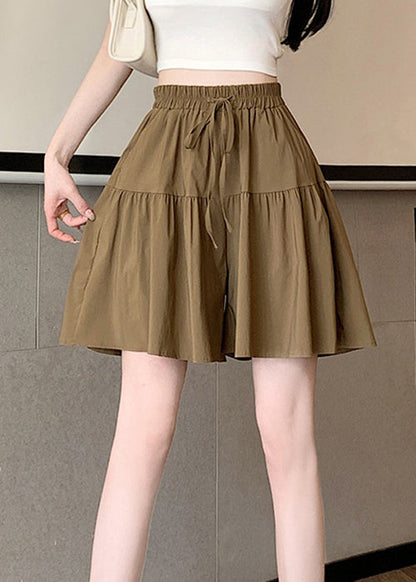 Khaki Pockets Elastic Waist Cotton Shorts Summer