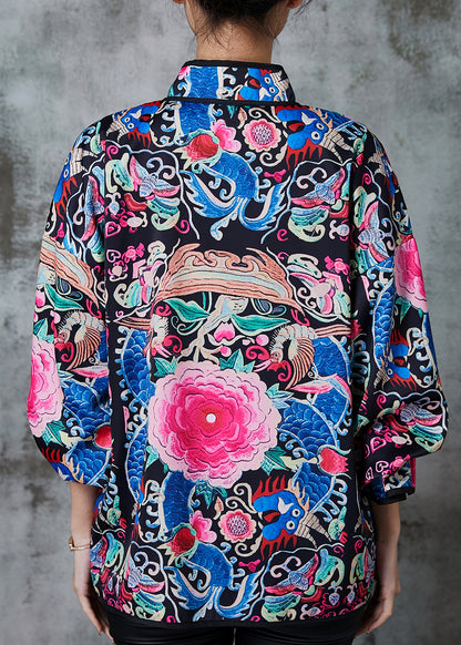 Black Embroidered Silk Chinese Style Coats Spring