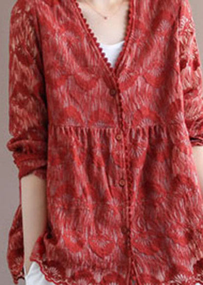 Red Patchwork Lace Loose Coat Embroidered Long Sleeve