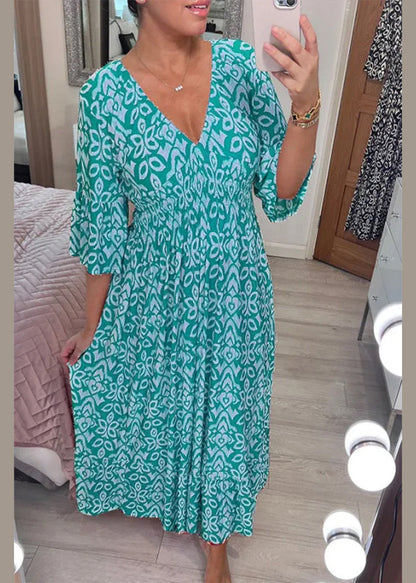 Red V Neck Print Cotton Dresses Summer