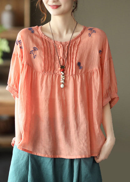 Orange O-neck Embroidered Linen Tops Half Sleeve