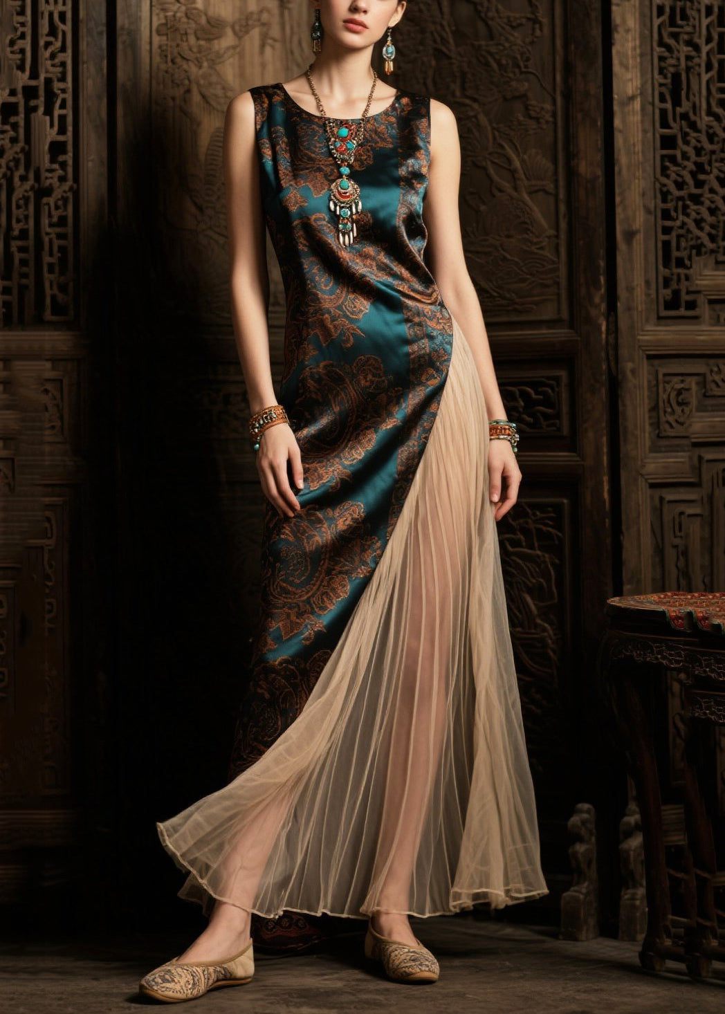 Tea Green Asymmetrical Patchwork Tulle Silk Vacation Dresses Summer