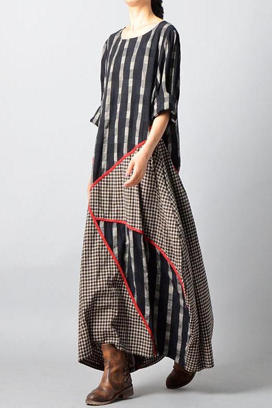 Limited Stock- Stripes Plaid Spliced Irregular Cotton Linen Dress