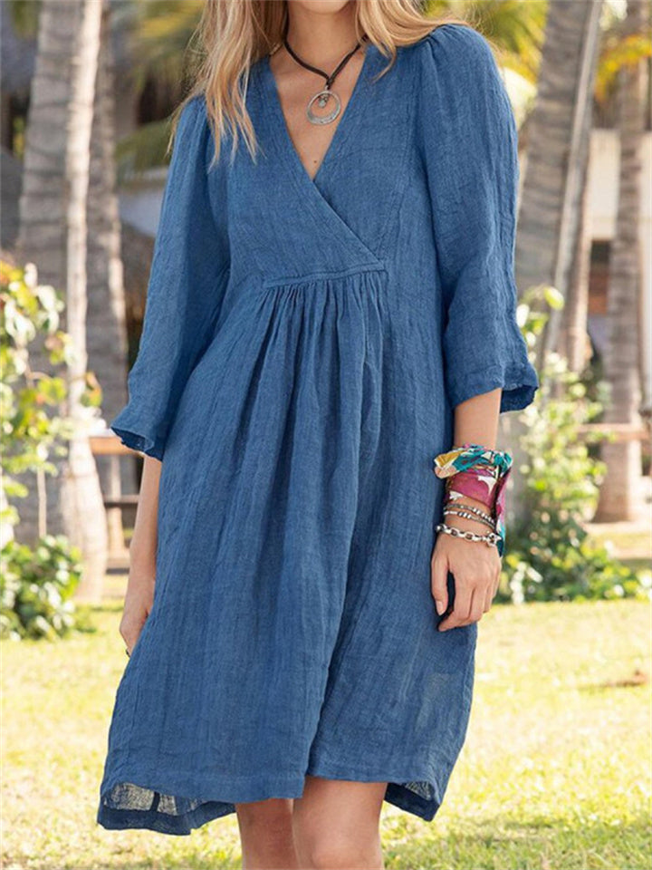 Cotton Linen Wind Pure Color Seven-point Sleeve V-neck Dress