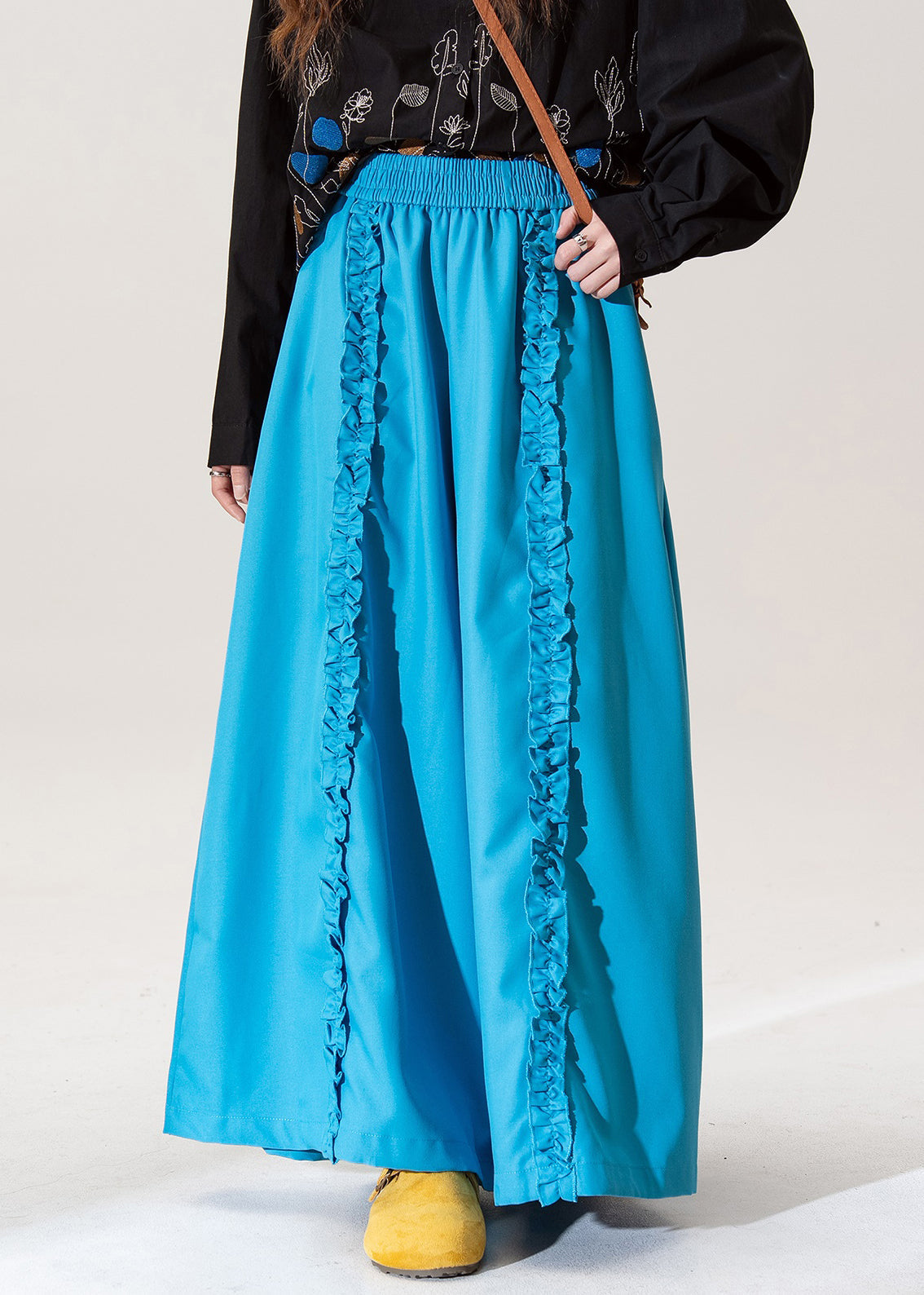 Blue Ruffled Elastic Waist Cotton Pants Fall