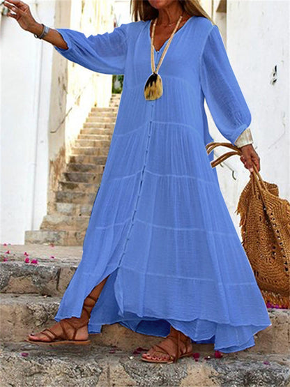 V-neck Long-sleeved Loose Waist Tie Buckle Cotton Linen Large Hem Dresses