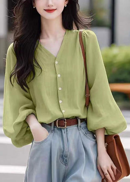 Simple Wasabi Green V Neck Button Cotton Blouses Fall