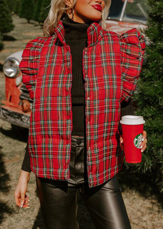 Red Ruffled Plaid Fine Cotton Filled Vest Tops Winter
