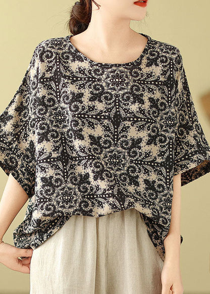 Black Print Loose Cotton Top O Neck Short Sleeve