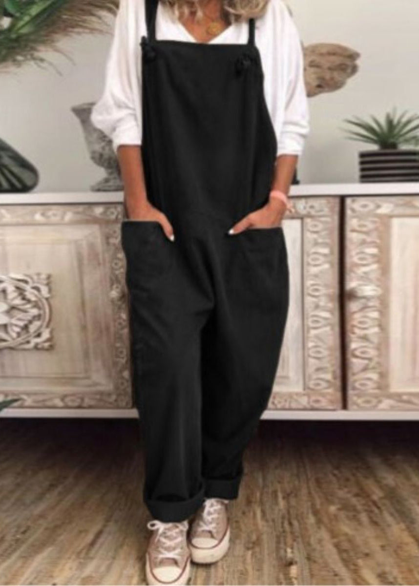 Loose Khaki Pockets Cotton Jumpsuit Sleeveless