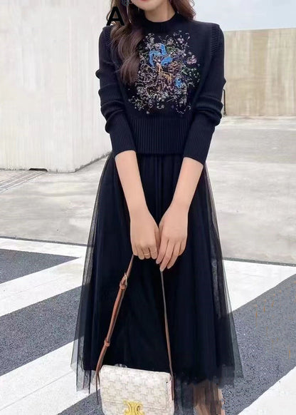 Khaki Embroidered Tulle Patchwork Knit Two Pieces Set Winter