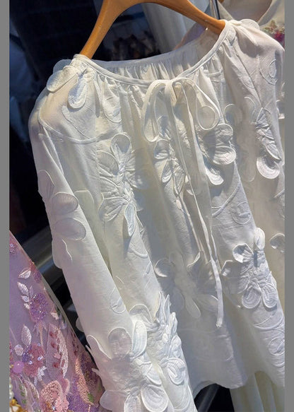 French White O-neck Tie Lace Top Lantern Sleeve