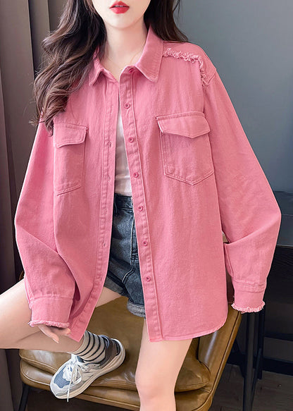 Pink Peter Pan Collar Pockets Denim Shirts Coat Fall