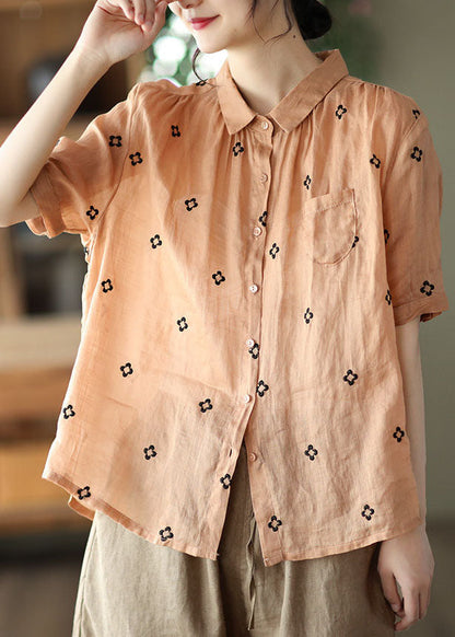 Orange Peter Pan Collar Linen Shirt Top Short Sleeve