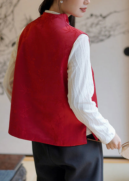 Red V Neck Jacquard Fine Cotton Filled Silk Vest Sleeveless