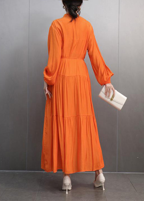 Fine Orange O-neck Patchwork Tie Waist Long Dresses Spring