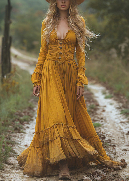 Yellow Wrinkled Patchwork Cotton Long Dresses Fall