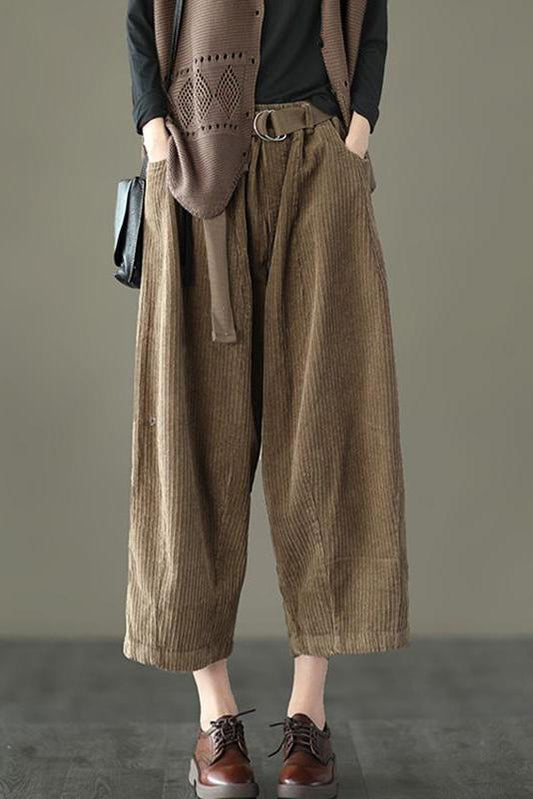 Limited Stock- Loose Pocket Corduroy Handmade Pants With Belt