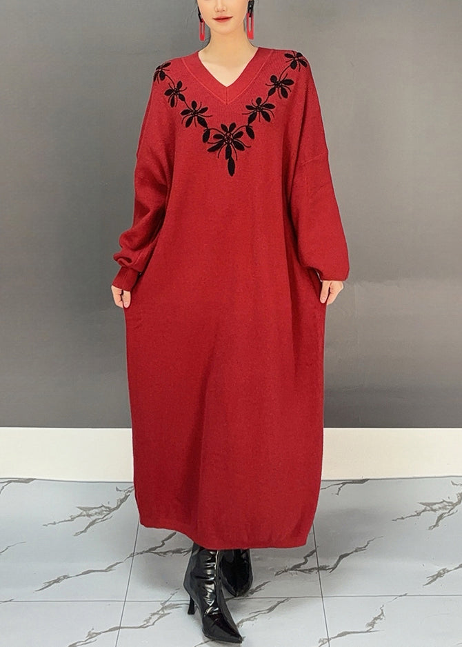 Red V Neck Embroidered Knit Sweater Dress Fall