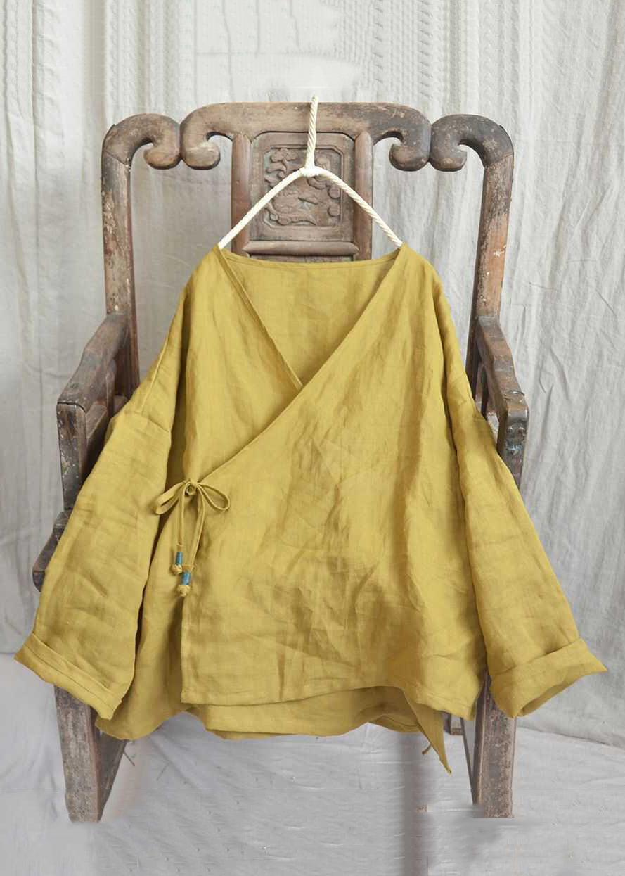 Loose Yellow V Neck Lace Up Linen Shirts Long Sleeve