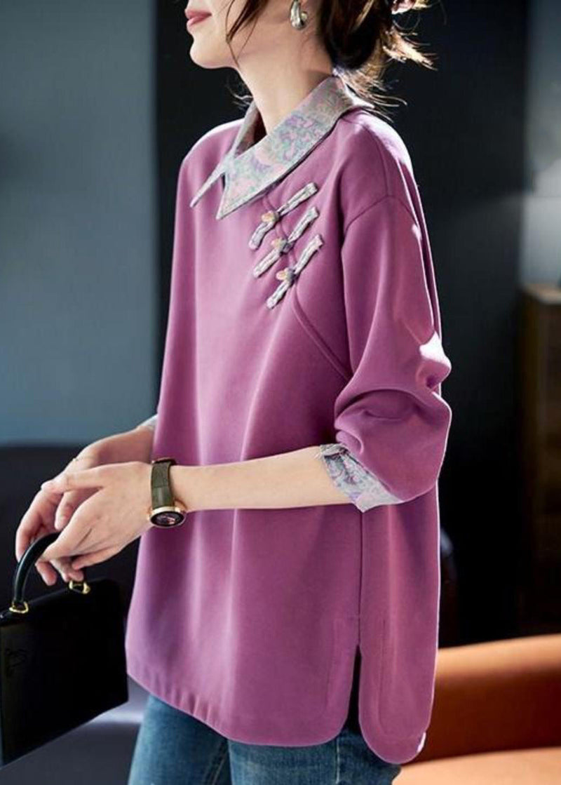 Purple Peter Pan Collar Patchwork Cotton Sweatshirts Spring