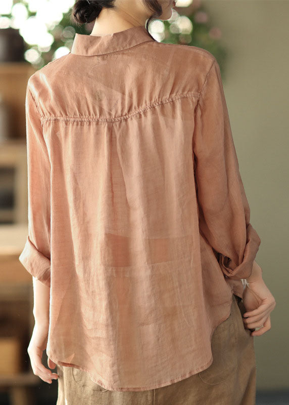 Classy Khaki Embroidered Ramie Top Long Sleeve