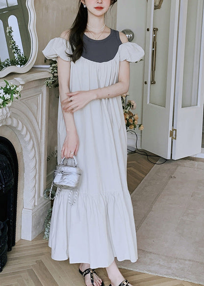 New Off the Shoulder Puff Sleeve Wrinkled Patchwork Cotton Dress