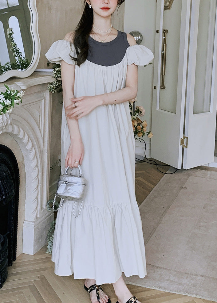 New Off the Shoulder Puff Sleeve Wrinkled Patchwork Cotton Dress