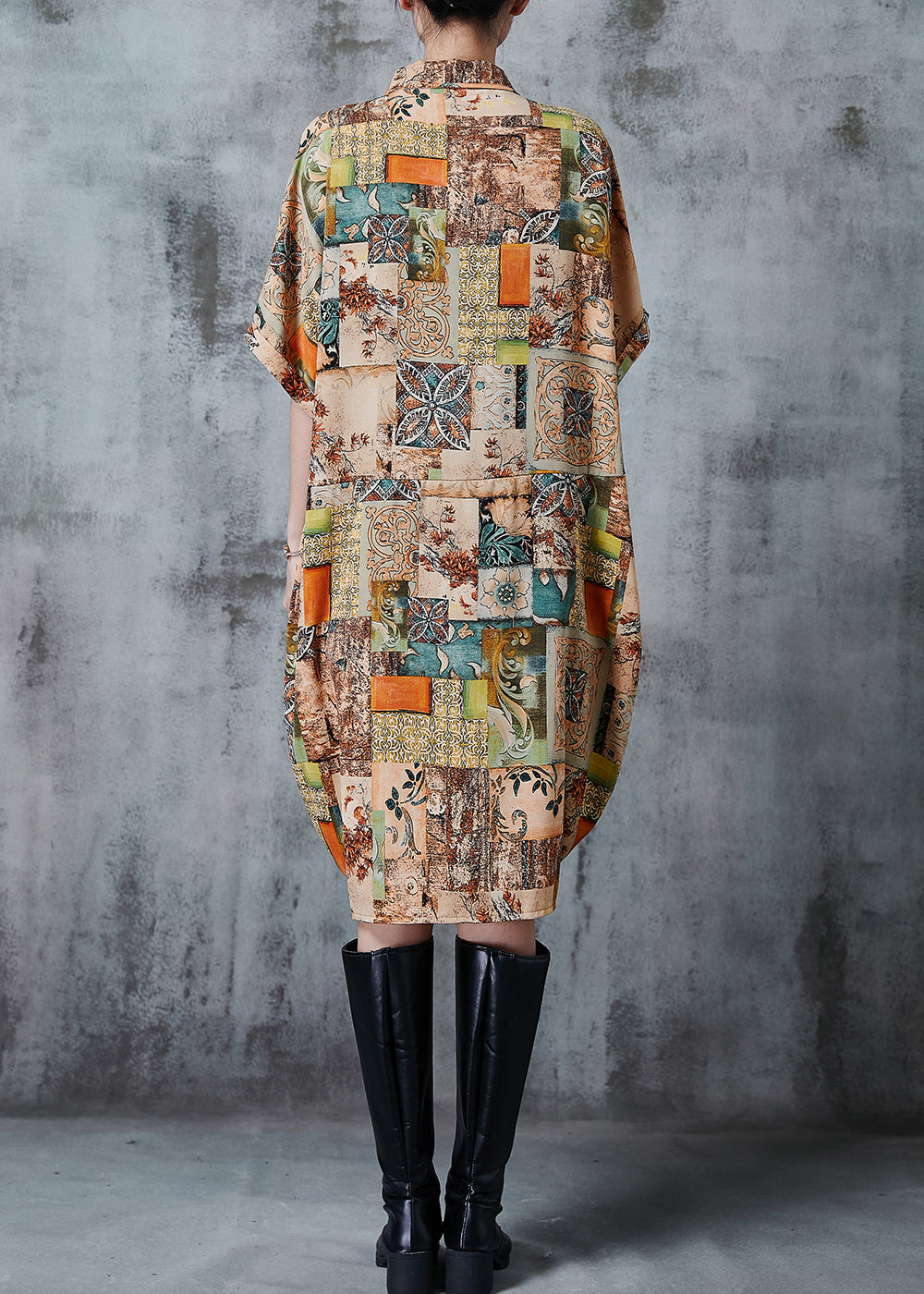 Khaki Oversized Print Chiffon Shirt Dress Summer