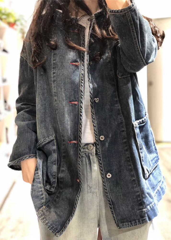 Blue O Neck Pockets Button Patchwork Denim Coat Fall