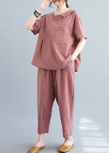 Red Plaid Asymmetrical Pockets Top and Crop Pants Two Pieces Set Summer